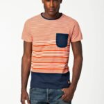 Men’s orange and navy striped cotton t-shirt with chest pocket