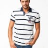 Men’s white and navy blue striped polo T-shirt with embroidered patch