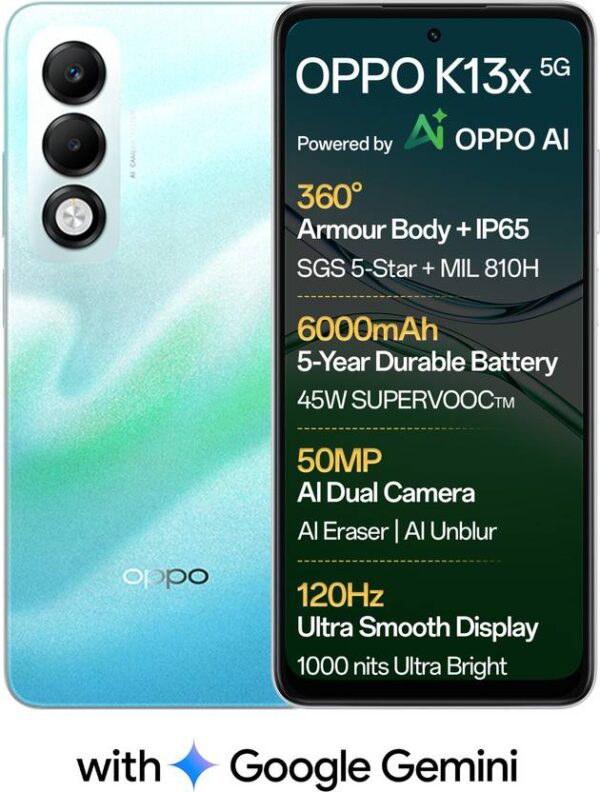 OPPO K13x 5G 6000mAh and 45W SUPERVOOC Charger & AI (Breeze Blue, 128 GB)  (6 GB RAM)